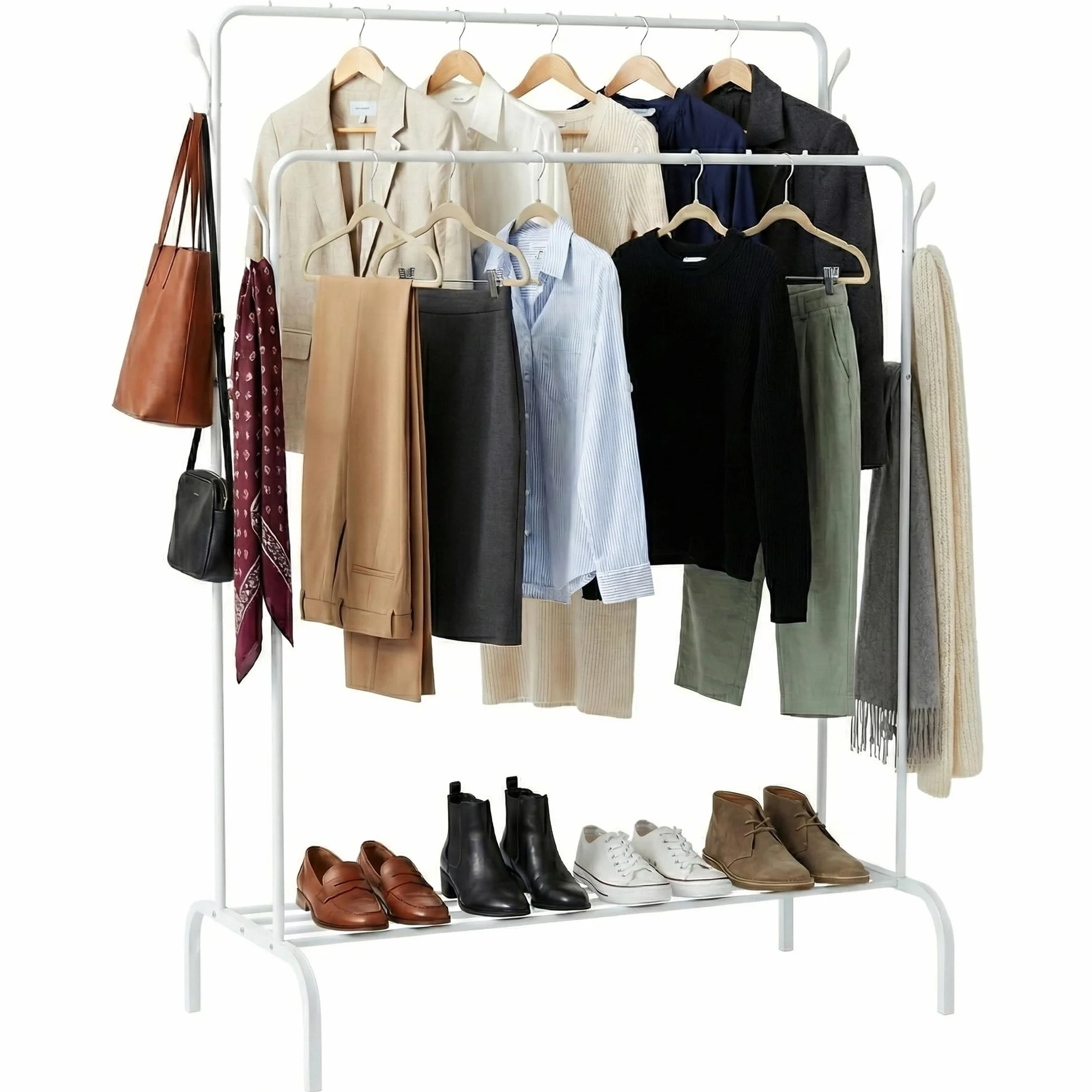 NK Burro Ropa Resistente – Estructura Hierro Blanco, 150x110x54cm, Soporte hasta 50kg, 4 Colgadores Laterales, Base inferior, Fácil Montaje, Perchero Burro Ropa
