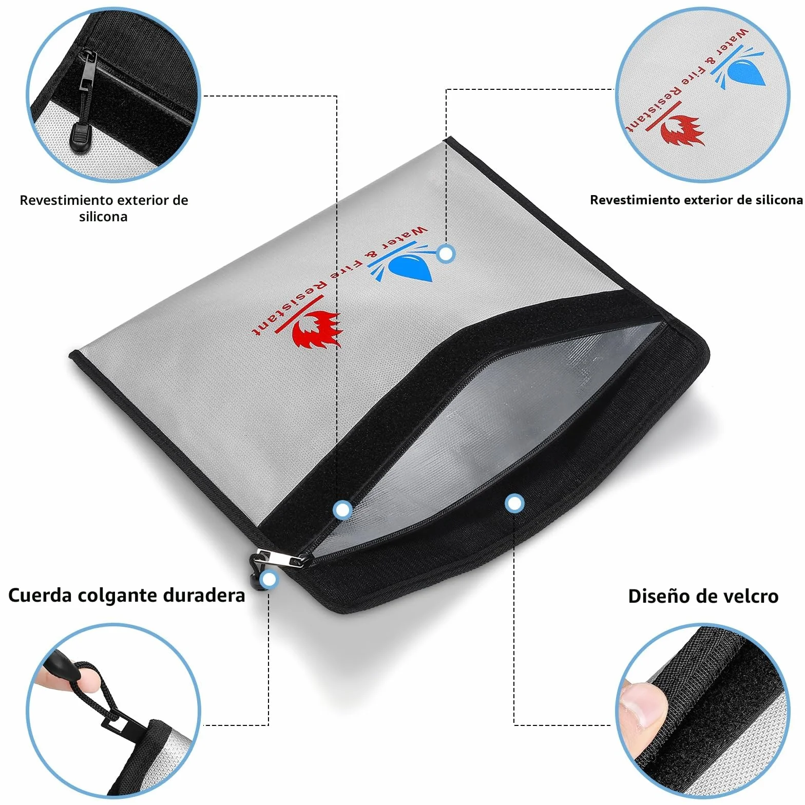 2 bolsas ignífugas para documentos, 23 x 17,5 cm, impermeable e ignífuga, para documentos, dinero, pasaporte, archivos bancarios y dinero en efectivo (gris)