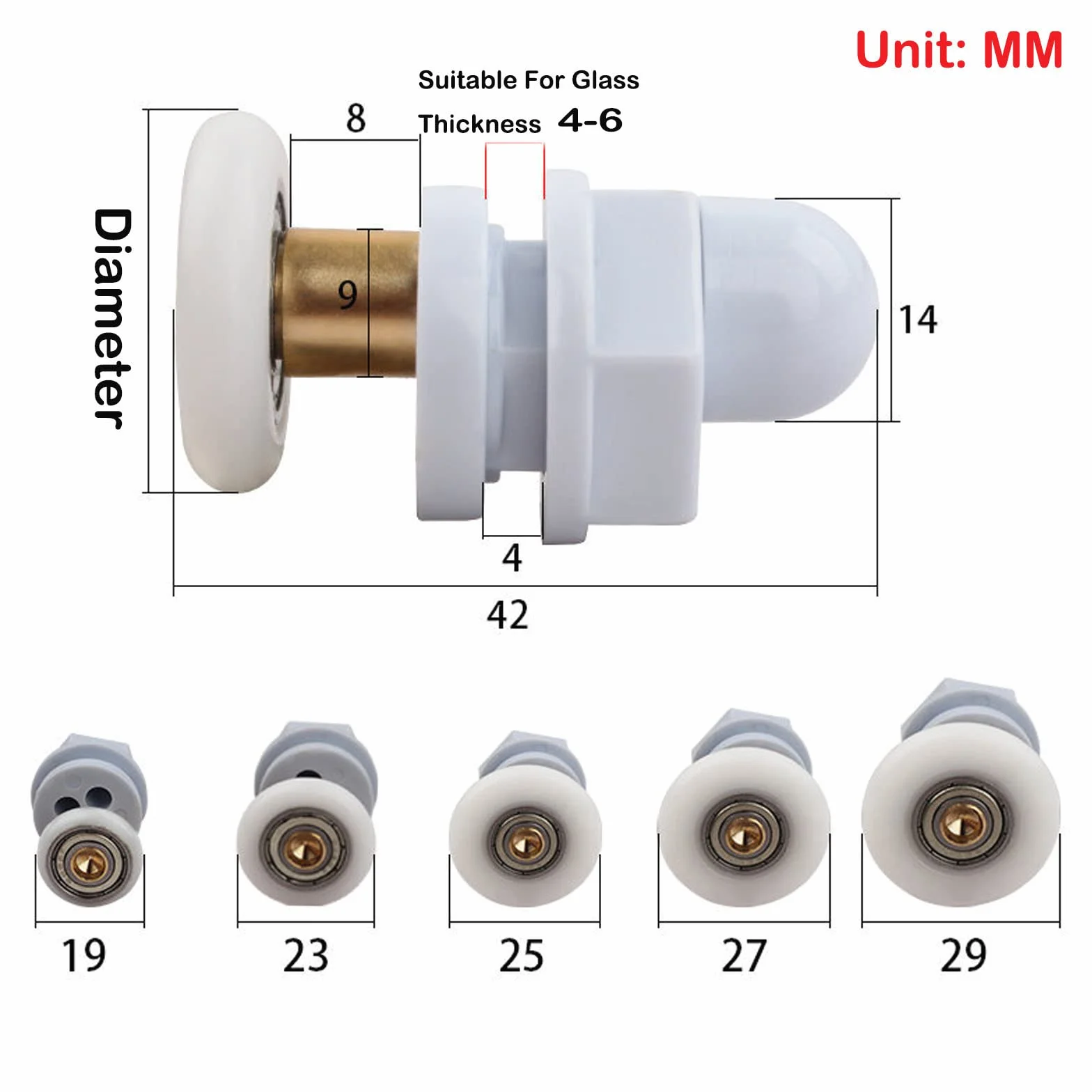 Qikuver Ruedas para Puerta de Ducha, 4 Piezas Rodillo de Repuesto para Puerta de Vidrio para Baño, Barra de Cobre, para Puerta Corredera De Cristal Baño (25MM)