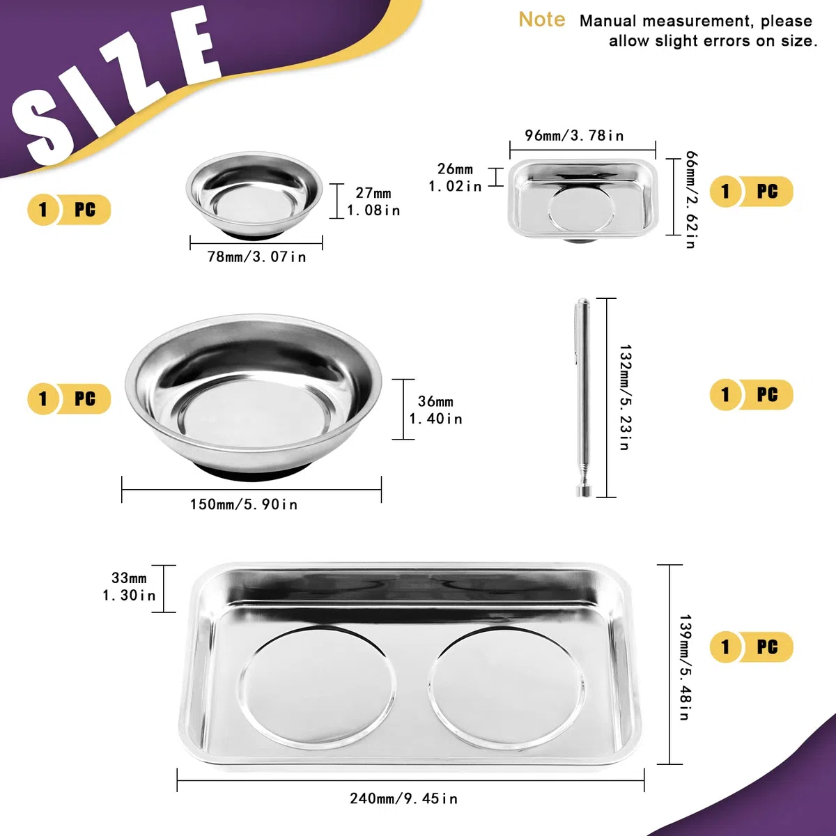 Swpeet 5 bandejas magnéticas redondas y cuadradas de acero inoxidable de 2 formas con kit surtido de herramientas de recogida magnética de 3 libras, soporte de bandeja magnética redonda para piezas,
