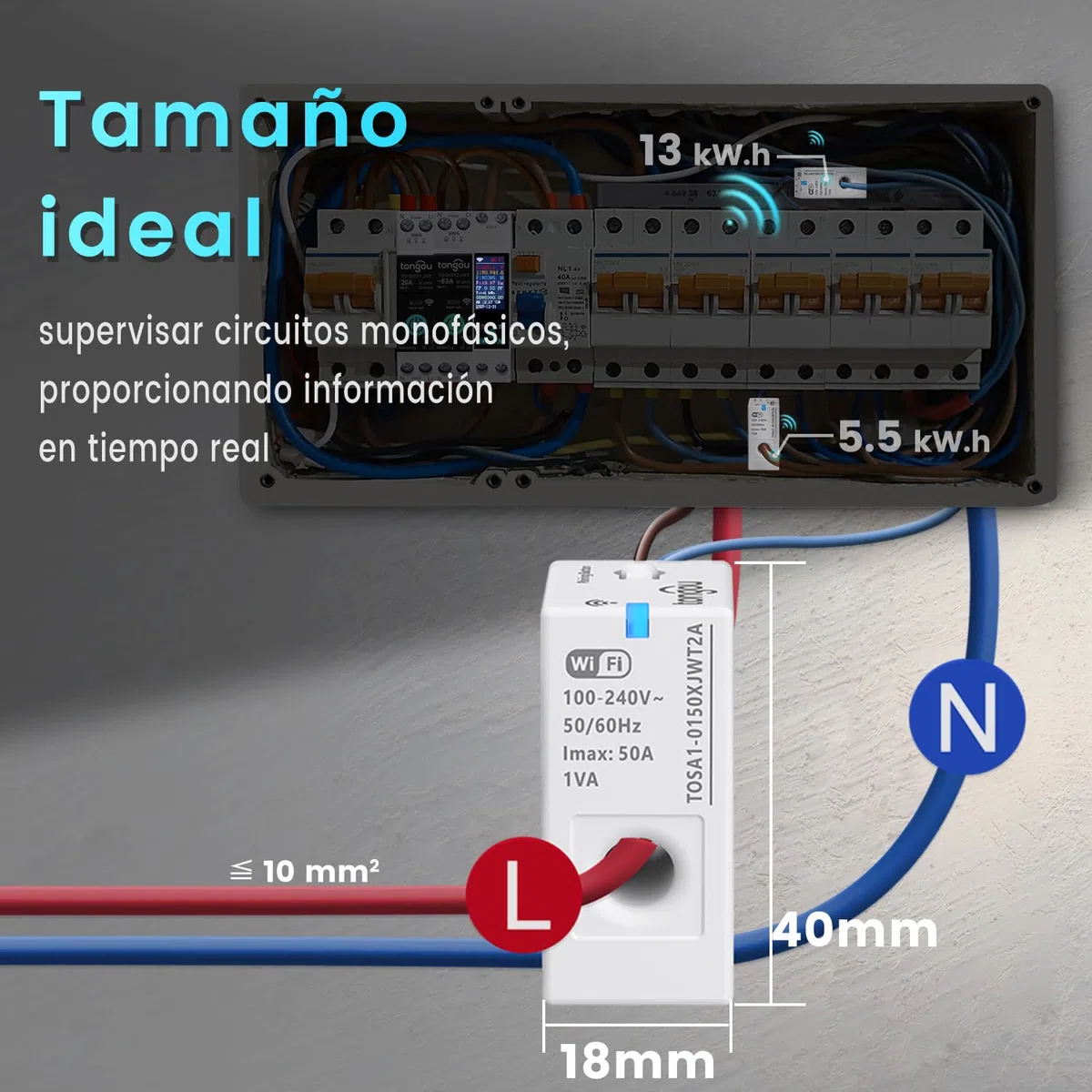 Tongou Monitor de energía WiFi, medidor de energía Smart Wifi, 1 fase, transformador de corriente con detección CT para hasta 50 A, medidor de energía mediante aplicación Smart Life, medición de