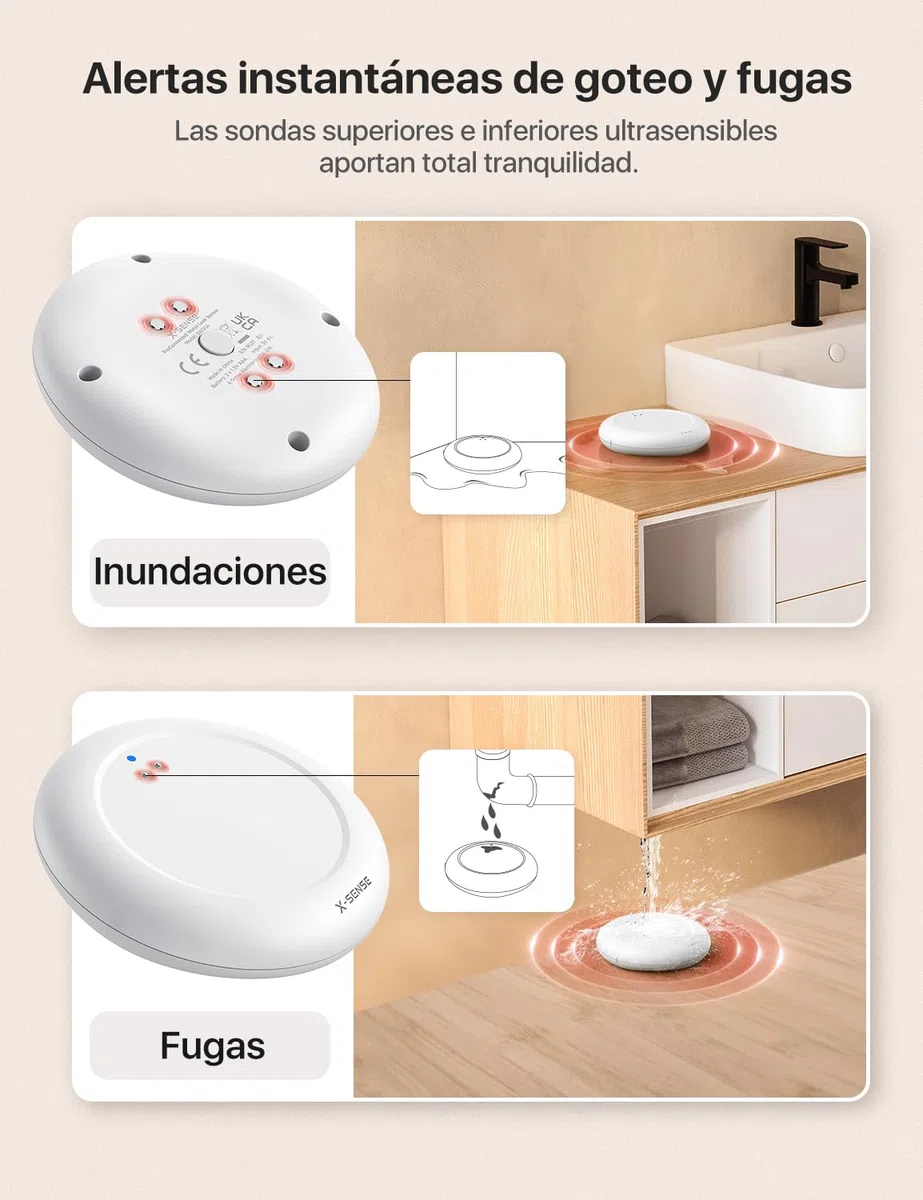 Sensor de Agua Wi-Fi X-Sense; Detector Inteligente de Fugas de Agua con alertas de App, IP67 Resistente al Agua, Detector inalámbrico para Cocina, baño, sótano, SWS0A (1 Unidad)