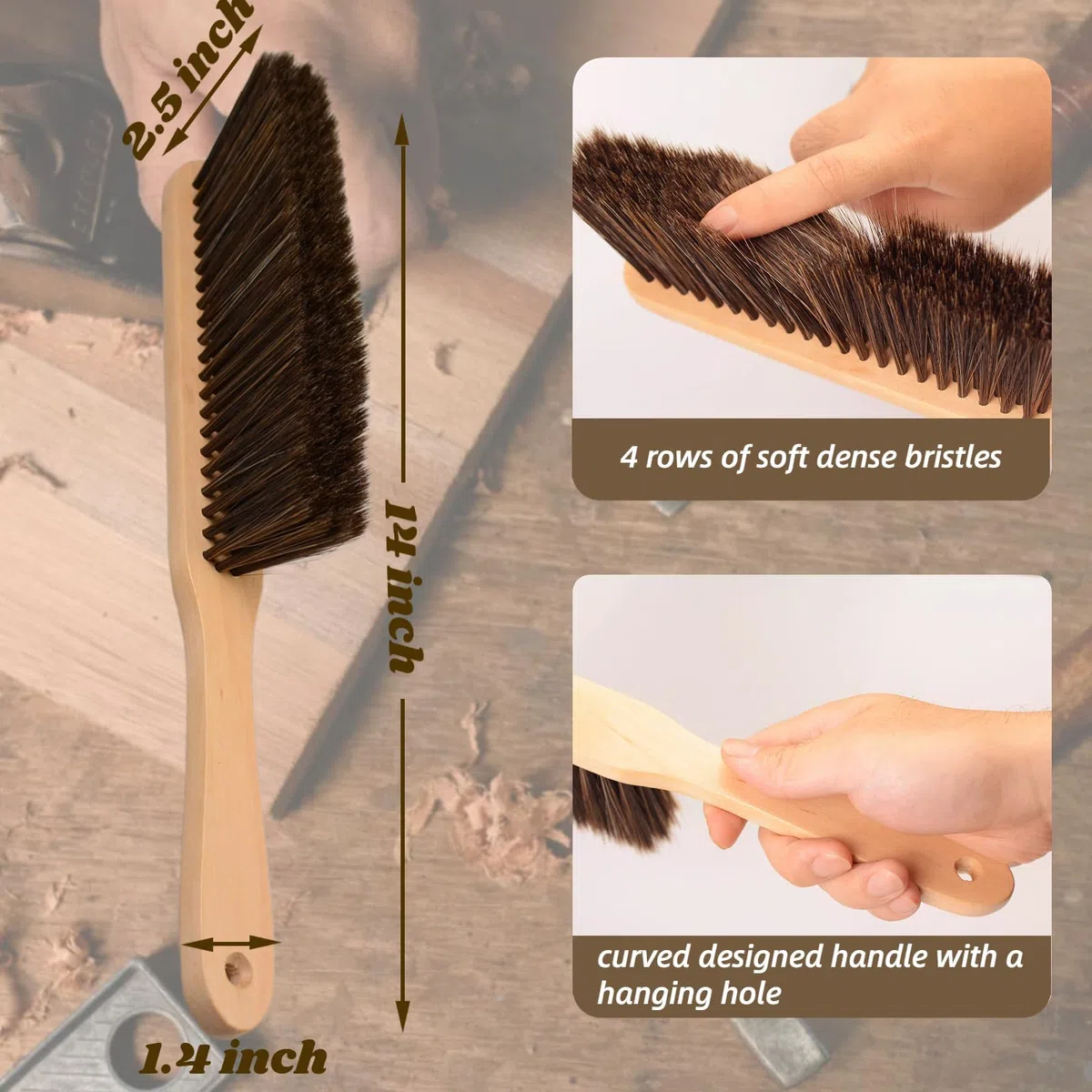 Woooden - 2 cepillos para polvo de mano con mango largo de madera, cepillo de cerdas suaves para encimera, cama, sofá, coche, chimenea, ropa, limpieza del hogar (marrón, caqui)