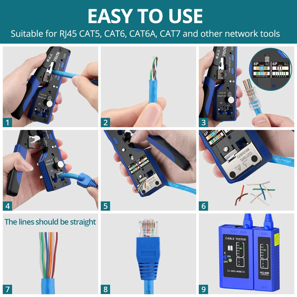 RJ45 Herramienta de Crimpado con Probador Red, Kit de Herramienta de Red Alicates de Crimpar para CAT5, CAT5e, CAT6, CAT6a, CAT7, CAT7a con 50pcs Conector CAT6 Chapado en Oro y 50pcs Funda Azul