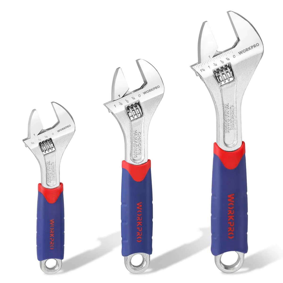 WORKPRO 3Pcs Llave Ajustable(150, 200, 250 mm), Llave Inglesa Acero Cr-V, con Mango Cómodo, Llave inglesa Profesional con Gran Apertura