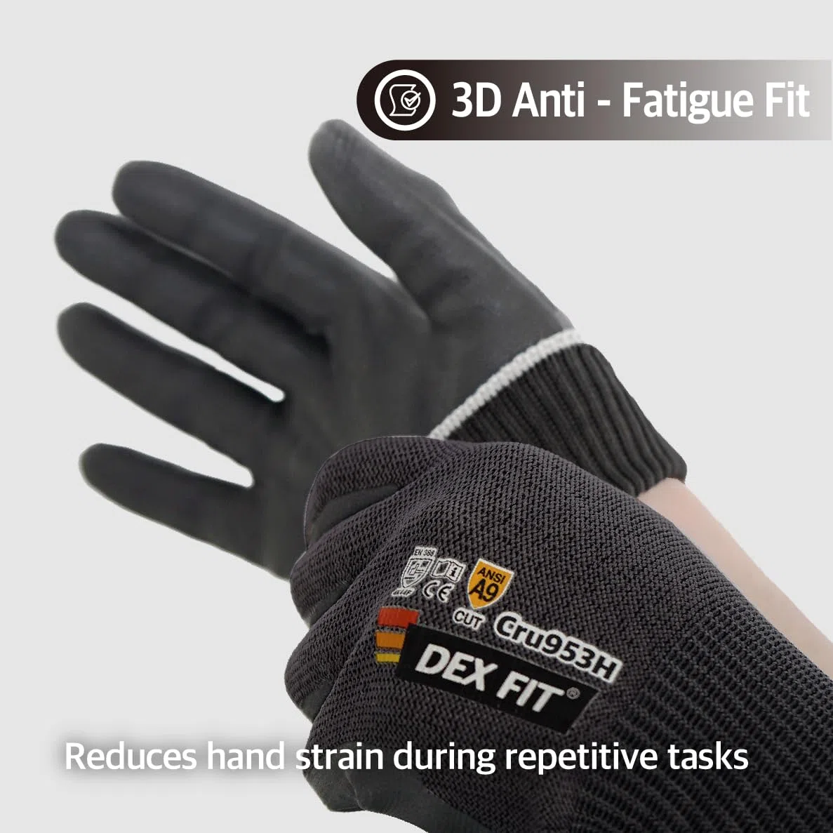 DEX FIT Guantes anticorte Cru953H, ANSI A9, EN388 4X44F, sin fibra de vidrio, Power Grip de nitrilo espumado (base agua), ajuste 3D, táctiles, lavables, 13-gauge; Blackgrey M 1 Pair