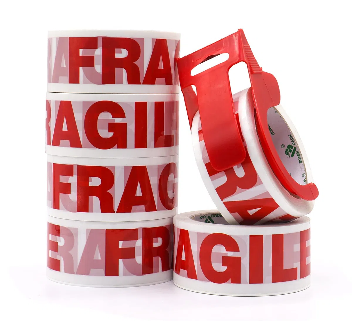 BOMEI PACK Cinta de Embalaje Frágil con Dispensador, 48mm x 66m, Paquete de 6 rollos - Cinta de Embalaje Fuerte Para Uso Regular o Para Mudanza - Sella Fácilmente tus paquetes y cajas