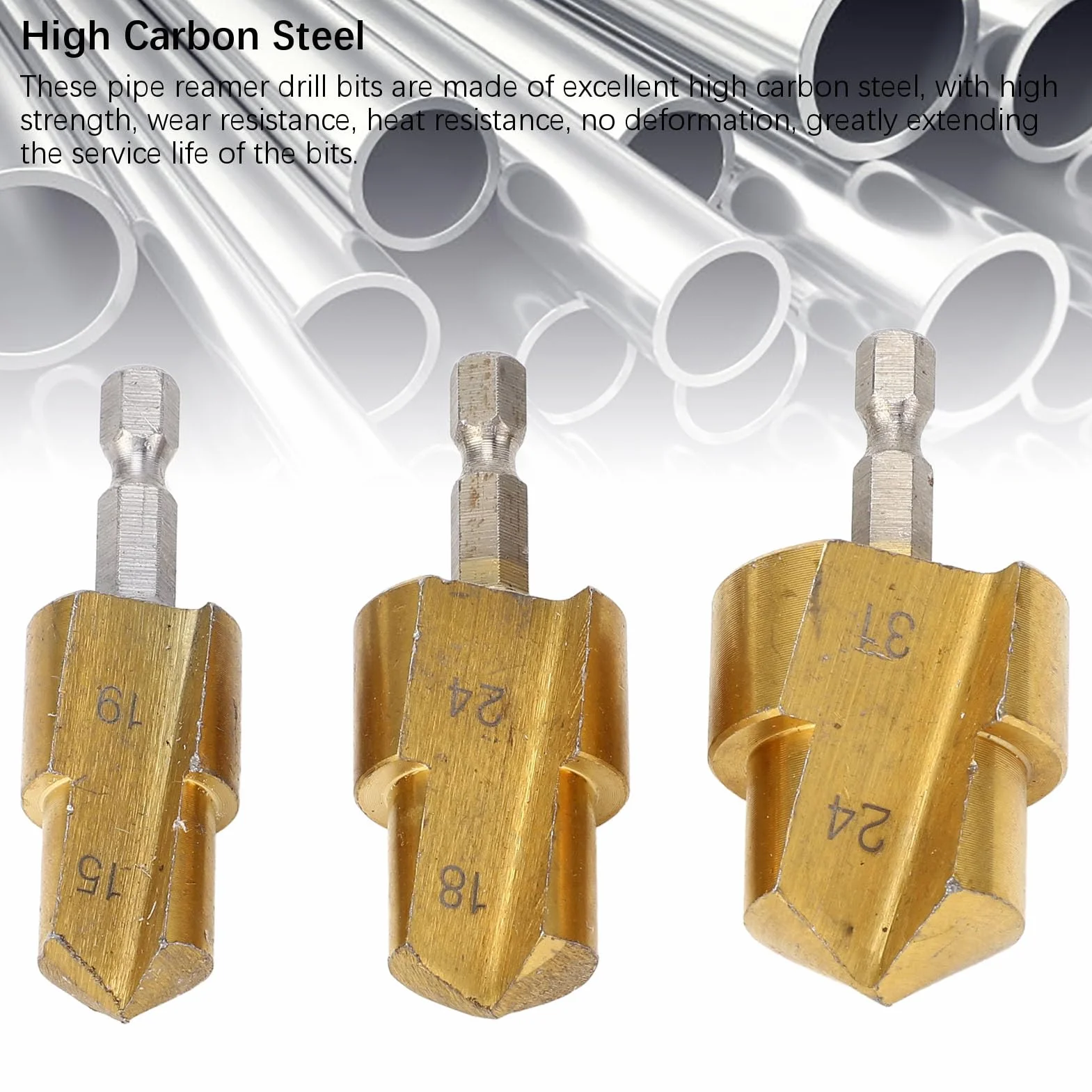 3 Brocas Escariadoras para Tubos de 19 Mm 24 Mm 31 Mm PPR PVC Acero Alto Carbono Vástago Hexagonal Compatible con Taladros