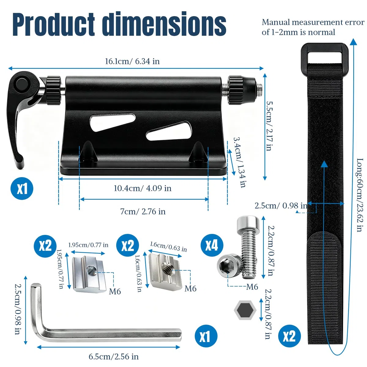 1 Soporte para Horquilla de Bicicleta Aluminio Accesorio Porta Bicicleta para Coche para Cierre rápido 9 mm con Cinta de Velcro y Tuercas para fijación Segura en tableros de Madera y Suelos de Garaje