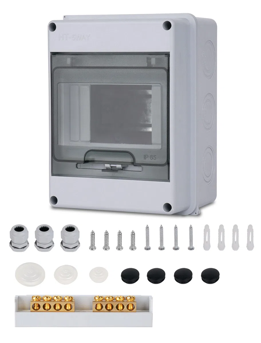 Caja Estanca Exterior Electrica 5 Módulos, IP65 a Prueba de Agua Caja de Distribución de Superficie con Bloque de Terminales Carril DIN y Accesorios, Caja Conexiones Electricas para Jardín o Exteriore