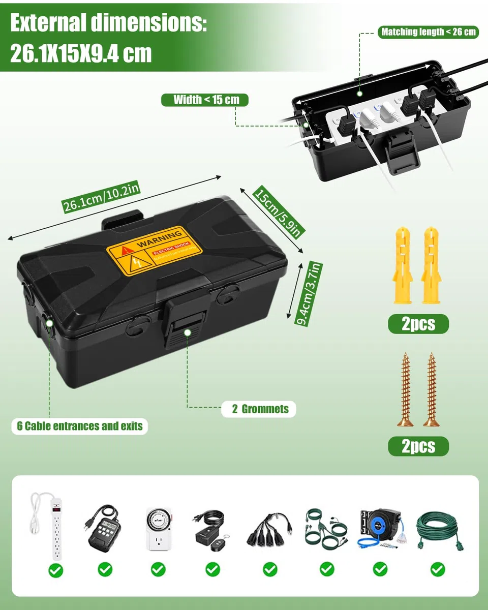 Caja de Cable Resistente al Agua,Caja Estanca Exterior Electrica,26.1x15x9.4 CM Caja Cables,con 6 Salidas de Cables,Para Protección de Enchufes,Cubierta de Cable Alargador Resistente,Temporizador