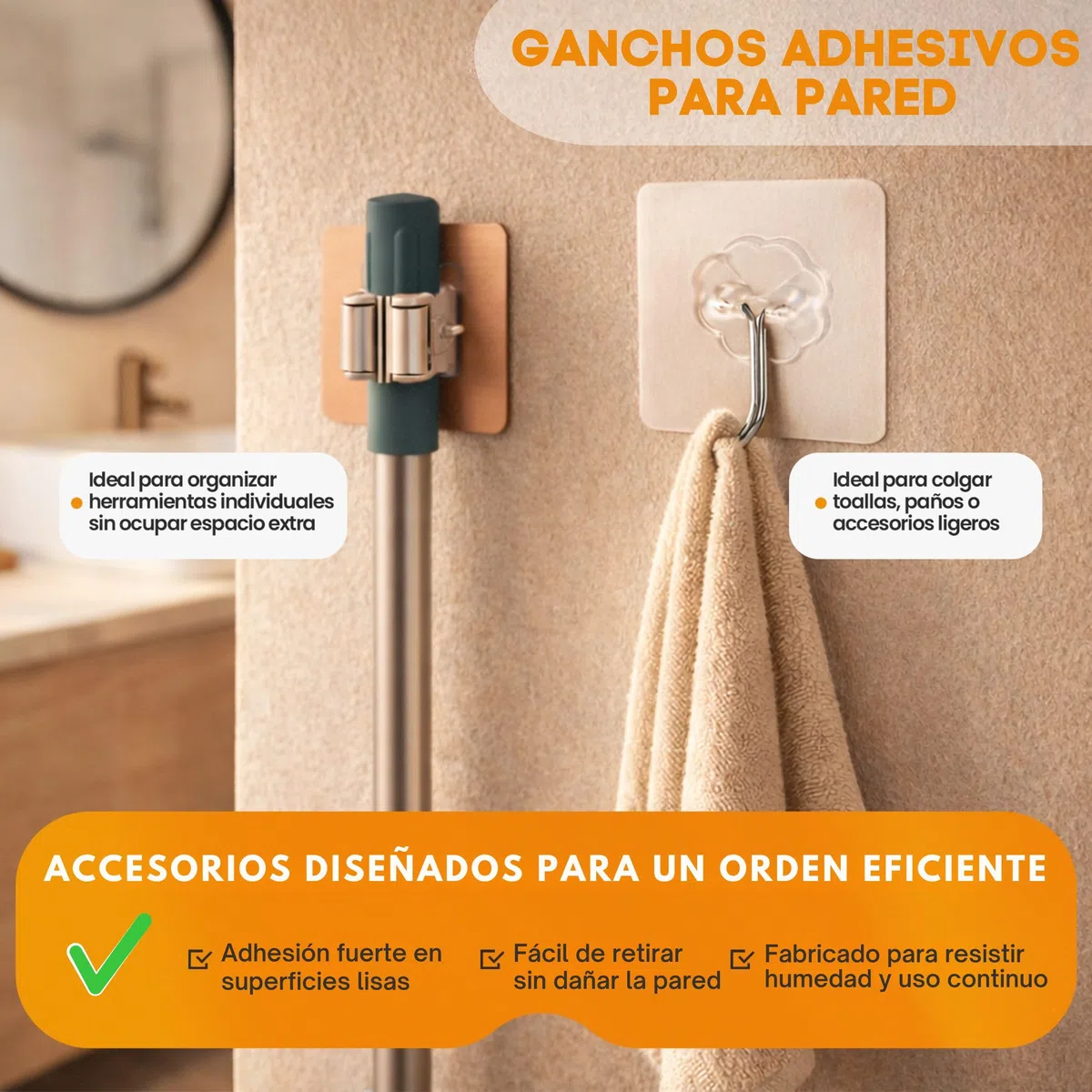 Pack Colgador Escobas y Fregonas + 1 Soporte Escobas Pared Adhesivo+ 4 Ganchos Multiusos | Acero Inoxidable Apto Exterior | Con/sin Taladro (Incluye Adhesivo y Tornillería) | Hasta 15kg