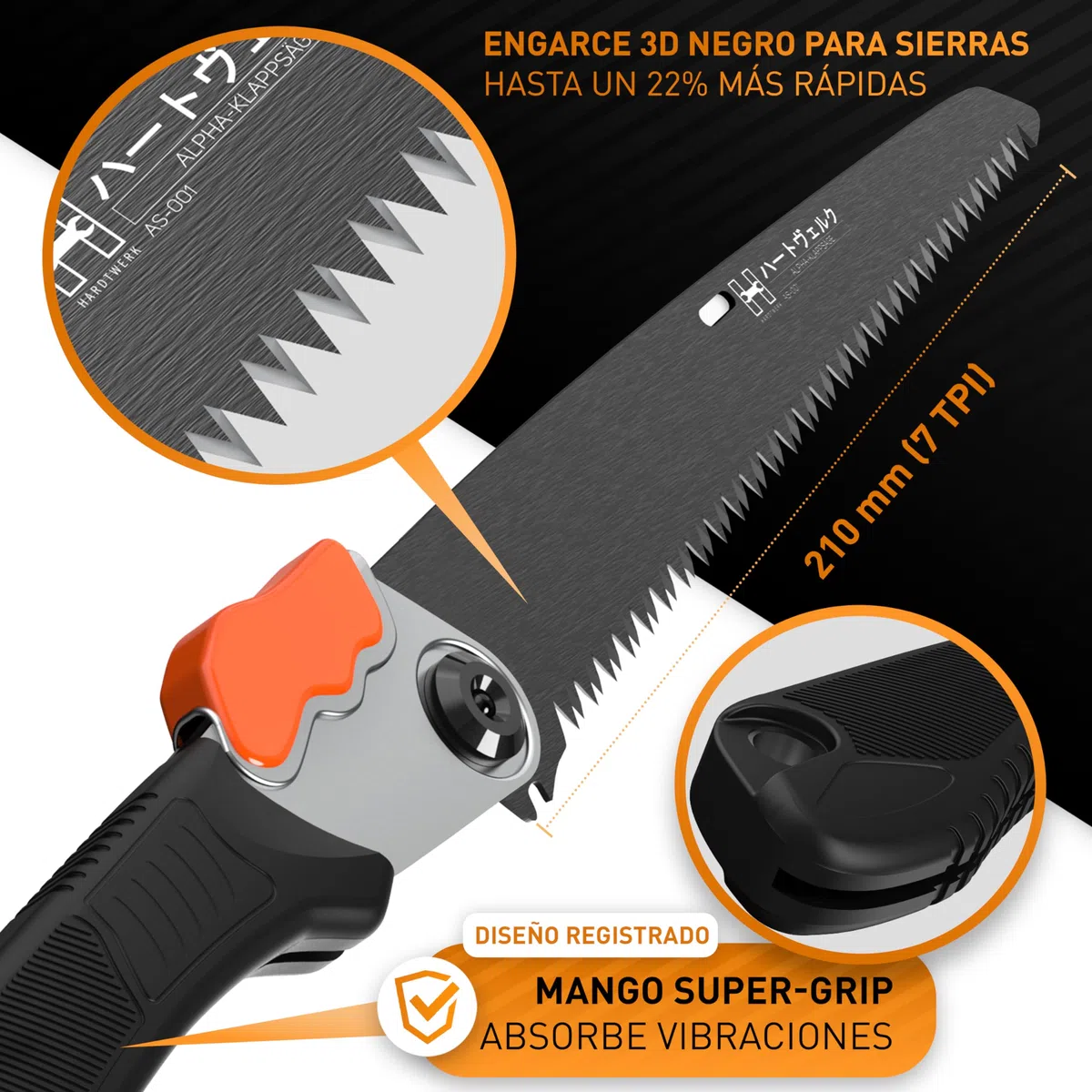 HARDTWERK ALPHA - Sierra de podar plegable con bloqueo de seguridad (210 mm) para jardín | Sierra de Mano | Sierra Plegable